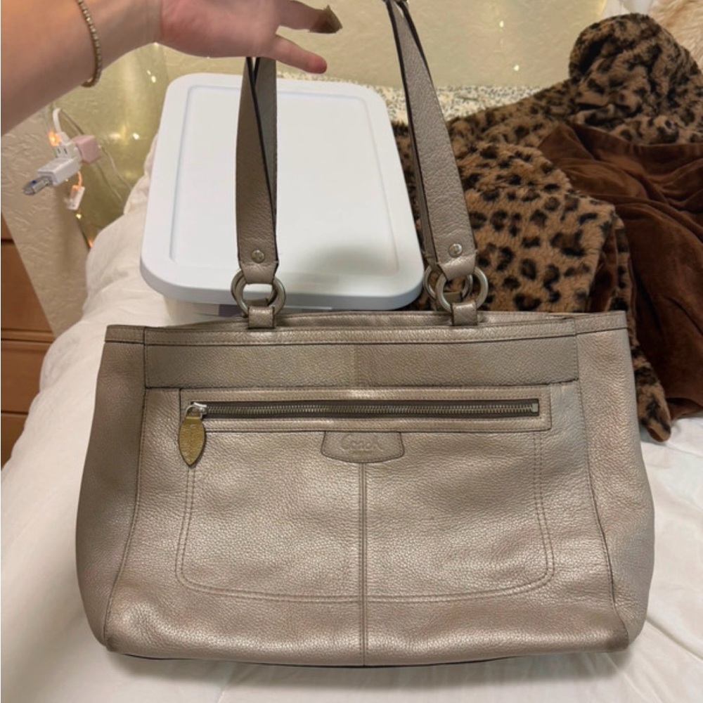 Coach Leather Tote Bag in Taupe purple inside comes